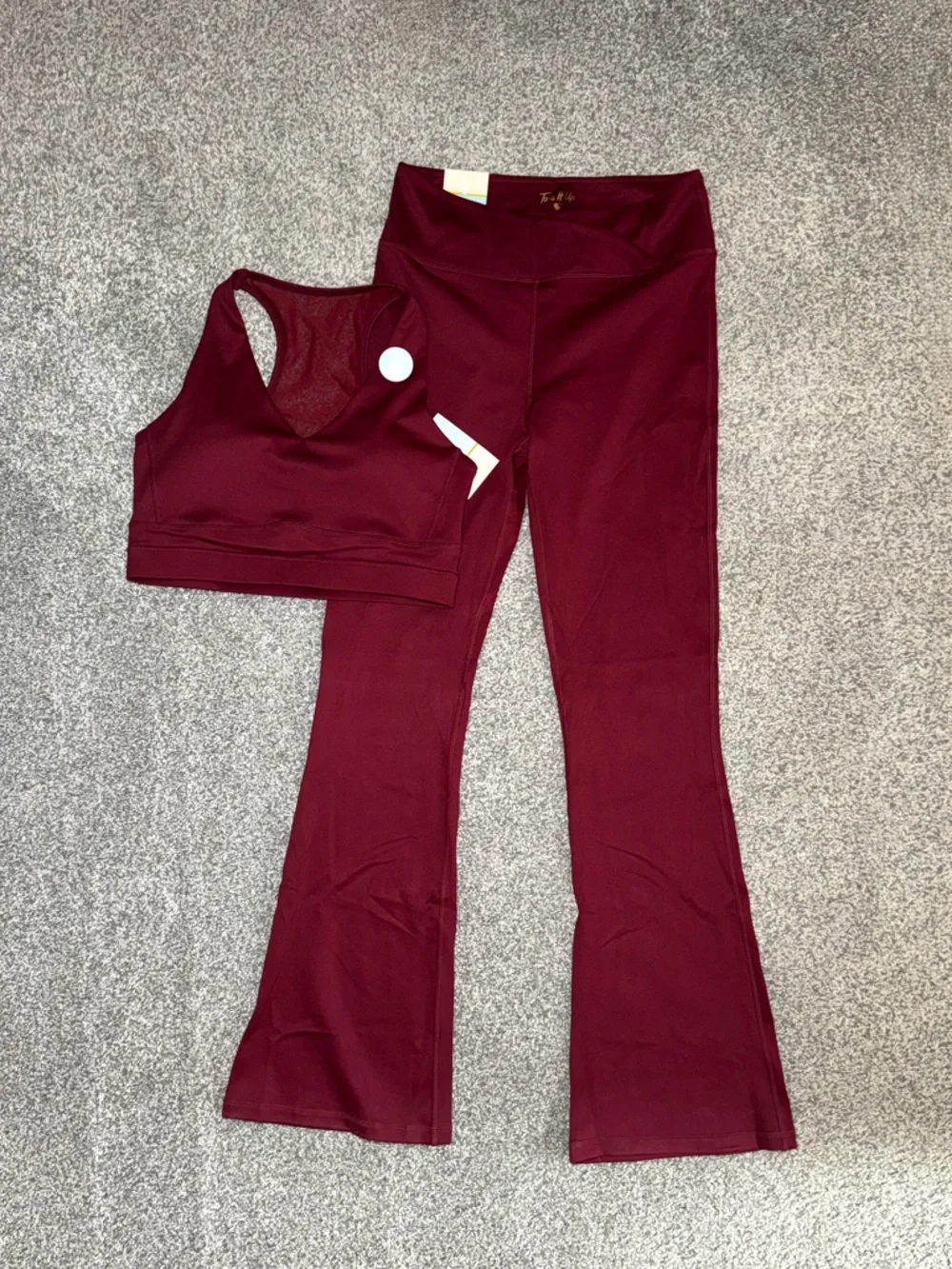 Tone It Up Dark Cherry Flare Leggings Bra Matching Set | Pilates Yoga Athleisure